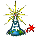 Animated buddy icon featuring a tower with yellow lightning bursts, Earth base, and red stars in two sequential frames showing star position changes.