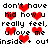 Pixelated text and red heart symbols repeat across a white background in a static composition.