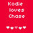 Red background with white pixelated text "Kodie loves Chase" and five heart symbols below, where the third heart is pink and the others are white.