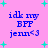 Pixelated text and symbols on a pink background with cyan crosses, showing repeated patterns of 'idk my BFF jenn<3' in blue.