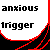 Pixelated text reads 'anxious trigger' on white background with red and black geometric shapes.