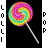 A 3x3 contact sheet of nine animated lollipop icons with swirling rainbow colors and white sticks, displayed on a black background with vertical text labels.