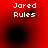Red background with white text 'Jared Rules' and a black circular shape that changes position across four