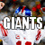 Pixelated image of football players in white jerseys with red stripes, overlaid with bold text reading 'GIANTS GOIN TO SUPER BOWL XLII'.