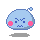 Four pixelated blue blob characters with pink cheeks and small antennae, each displaying distinct facial expressions against a gray background.