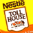 Animated sequence showing a Nestle Toll House chocolate chip cookie breaking apart into smaller pieces against a bright yellow background.