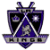 Pixelated shield-shaped icon with purple and black sections, two vertical antennae, and a central hourglass-like shape.
