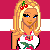 Pixel art contact sheet showing a blonde cartoon character with cherry accessories and text elements arranged in a 4x3 grid on a red-and-white checkered background.