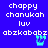 Blue background with white pixelated text reading 'chappy chanukah luv abizkababz' and cyan animated symbols changing position across frames.