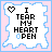 A 3x2 contact sheet of five animated frames showing a pixel art icon with the text "I TEAR MY HEART OPEN" and changing heart symbols, set against a pink background with blue borders.