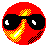 Red circular icon with yellow and black pixelated patterns, featuring changing arrangements of three black oval shapes with white highlights on a red background.