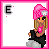 Pixel art character with pink turban and black outfit, seated on gray cushion, holding pink object, with 'E' in top-left corner.