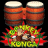 Pixelated static image of two brown bongos with white drumheads above a colorful explosion-like pattern featuring red, green, and yellow hues.