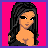 Pixel art contact sheet showing a female character's outfit and text elements on bright pink background with purple borders.