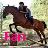 Pixelated static image of a horse and rider in mid-gallop with pink floral accents on the lower left, set against a blurred greenish background.