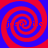 Four red and blue spiral patterns arranged in a symmetrical on a solid background