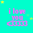 Cyan background with repeated pink text 'i love you' and pixelated fish icons, scattered yellow and green stars.
