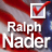 Pixelated image with red and blue background, white text reading 'Ralph Nader', and a checkmark in the top-right corner.