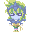 Pixel art character with green and blue hair, blue top, brown belt, green pants, pink socks, and yellow shoes in six sequential poses showing facial and hair animation.