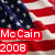 American flag background with "McCain 2008" text and a peace symbol with red, white, and blue stripes on black.
