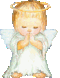 Pixelated angel icon with golden halo, white wings, and flowing robe; two poses show hands clasped in prayer or raised to face.