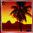Animated tropical sunset scene with palm tree silhouettes against gradient sky transitioning from yellow to deep red, featuring subtle pixel-level animation changes.