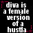Black background with white pixelated text reading "diva is a female version of a hustla" repeated in six positions, each surrounded by pink star and dot decorations