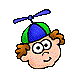 Pixelated cartoon head with brown curly hair, blue-green cap, and propeller spinning above; expression shifts from open eyes to closed eyes.