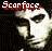 Animated contact sheet of a Scarface-themed buddy icon showing 8 sequential frames with red "Scarface" text above a stylized face against black background, each frame displaying subtle facial expression and lighting variations.