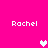 Bright pink background with four white 'Rachel' text labels and three pixelated hearts in light blue and pink.