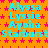 A static image with an orange background patterned by pink stars, displaying repeated text in cyan and light blue.