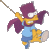 Pixelated cartoon character with purple hair and yellow limbs swinging on a rope, wearing blue shorts and a light blue shirt against gray background.