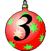 Six pixelated Christmas ornaments hang in two , each displaying a large black number 3 with star patterns on colored backgrounds