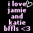 Pixelated text in light pink on black background reads "i love jamie and katie bfms <3" with a white heart symbol replacing the 'o' in 'love'.