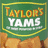 Green background with yellow border displays 'TAYLOR'S YAMS' text above fried yam pieces, changing to overlayed black-and-white text reading 'you only wish that someone named yams after you'.