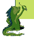 Green dragon-like creature with blue accents holds a ring in raised hand, standing on gray background with yellow text box showing 'M', 'Ma', 'Mal', 'Mall', 'Mall.' progression.
