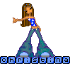 Animated pixel art of a woman in blue jeans and a star-patterned top, standing with arms extended, repeated in a with changing background text