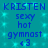 Pixelated blue text on teal background with repeated 'K' and 'R' characters, 'sexy hot gymnast' text, and '<3' symbol in two identical vertical sections.