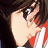 Anime-style character with brown hair and red clothing, side profile facing right, hand near mouth, black background with white text.