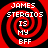 Four identical red and black spiral-patterned icons with white text reading "JAMES STERGIOS IS MY BFF" arranged in a