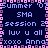 Pixelated text and border on dark blue background with pink and purple accents, featuring repeated phrases and names.