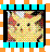 Pixelated character with yellowish face and dark eyes inside a black frame bordered by cyan and orange stripes.