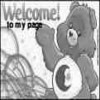 Black-and-white image of a Care Bear with a crescent moon symbol on its chest, waving, with 'Welcome! to my page' text above.