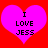 Two identical pink hearts on red background with black text "I LOVE JESS" inside each heart.