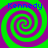 Four identical spiral patterns arranged in a , each with green and purple swirls on a bright green background, labeled 'Kennedy' in blue text at the top-left of each quadrant