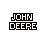 Pixelated 'JOHN DEERE' text in black outline with green and yellow color variations , each frame featuring a small colored dot below the text