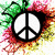 Pixelated peace symbol icon with black outline and white fill, surrounded by colorful pixelated splatter in green, red, orange, yellow hues.