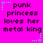 Pixelated text on bright pink background with cyan and purple star accents, repeating 'punk princess loves her metal king' in black block letters.