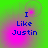 Pixelated blue text "I Like Justin" on a green and pink gradient background with circular light effects.
