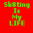Green pixelated text "Sh00ting Is My LIFE" on a red background with a glowing orange gradient effect in the bottom-left quadrant.